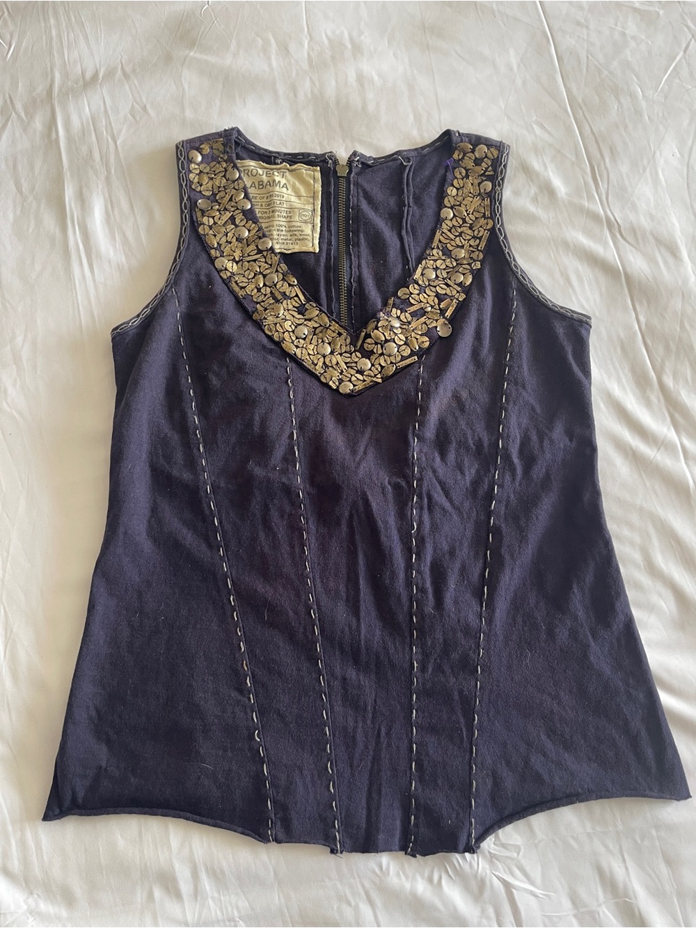 Embellished V-Neck Navy Sleeveless Top